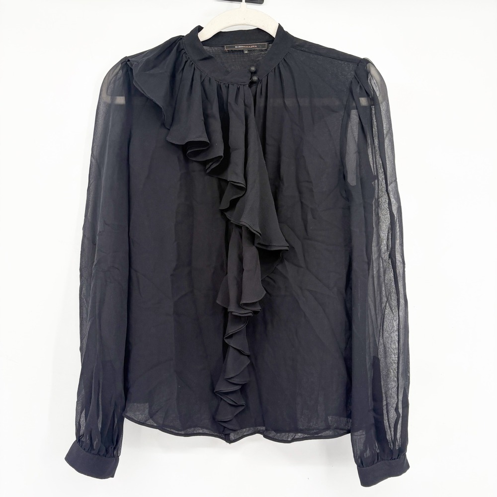BCBGMAXAZRIA Womens Black 100% Silk Ruffle Sheer Whimsigoth Romantic Blouse XS